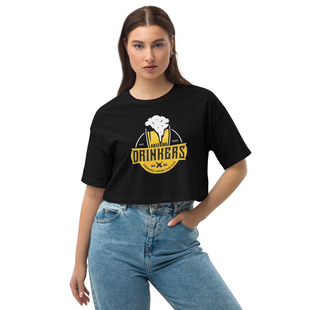 Loose drop shoulder crop top  with Arizona Drinkers Logo on front