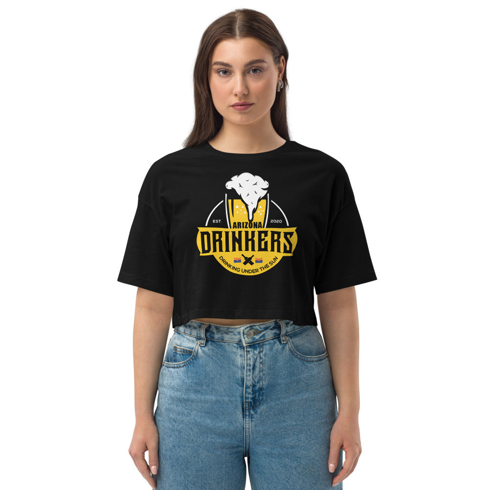 Loose drop shoulder crop top with Arizona Drinkers Logo on Front in Yellow