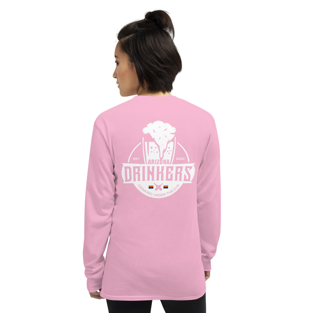 Women’s Long Sleeve Shirt with Arizona Text on Front and Arizona Drinkers Logo on Back