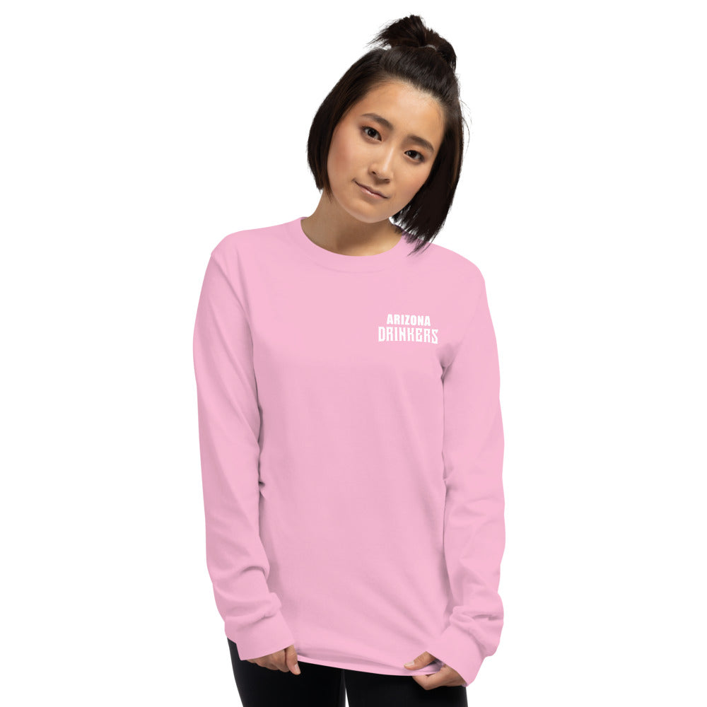 Women’s Long Sleeve Shirt with Arizona Text on Front and Arizona Drinkers Logo on Back