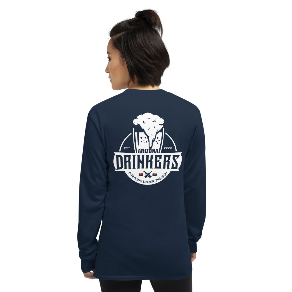 Women’s Long Sleeve Shirt with Arizona Text on Front and Arizona Drinkers Logo on Back