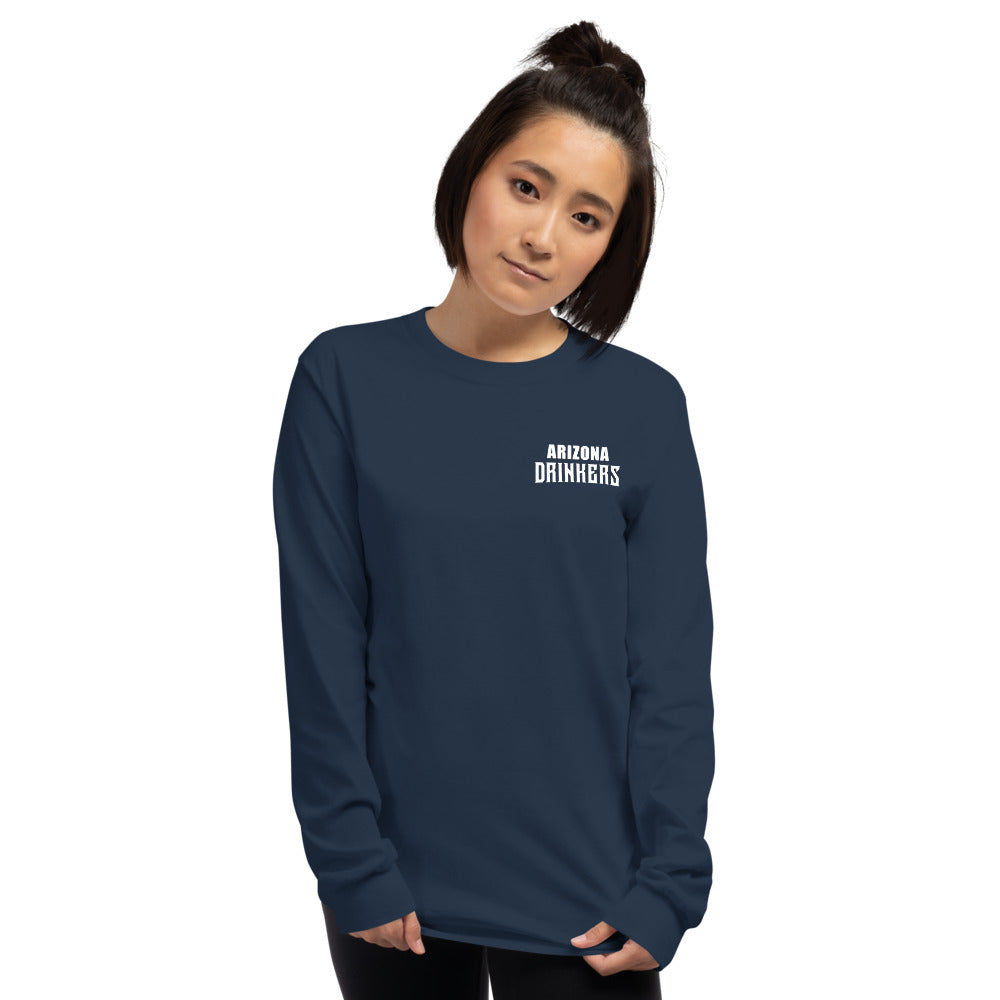 Women’s Long Sleeve Shirt with Arizona Text on Front and Arizona Drinkers Logo on Back