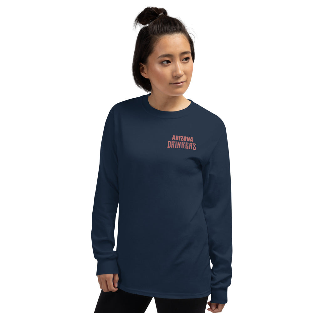 Women’s Long Sleeve Shirt with Arizona Text on Front and Arizona Drinkers Logo on Back