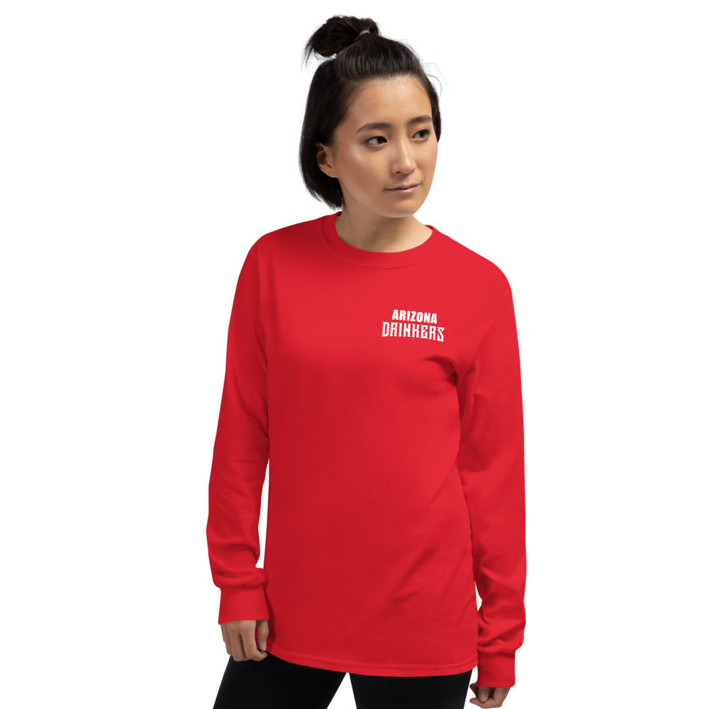 Women’s Long Sleeve Shirt with Arizona Text on Front and Arizona Drinkers Logo on Back