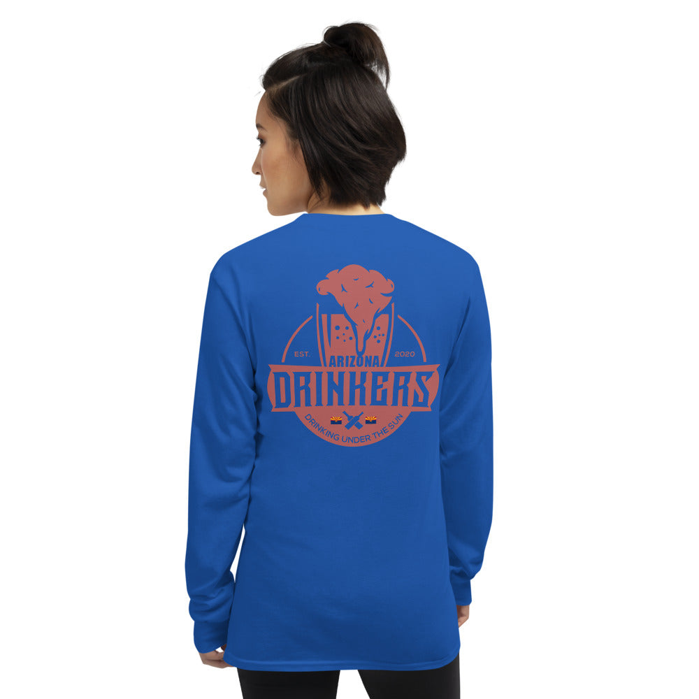 Women’s Long Sleeve Shirt with Arizona Text on Front and Arizona Drinkers Logo on Back