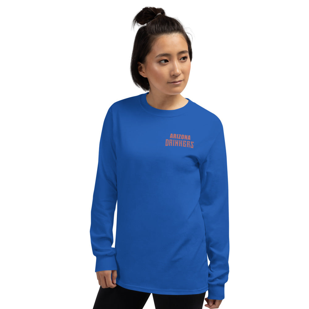 Women’s Long Sleeve Shirt with Arizona Text on Front and Arizona Drinkers Logo on Back