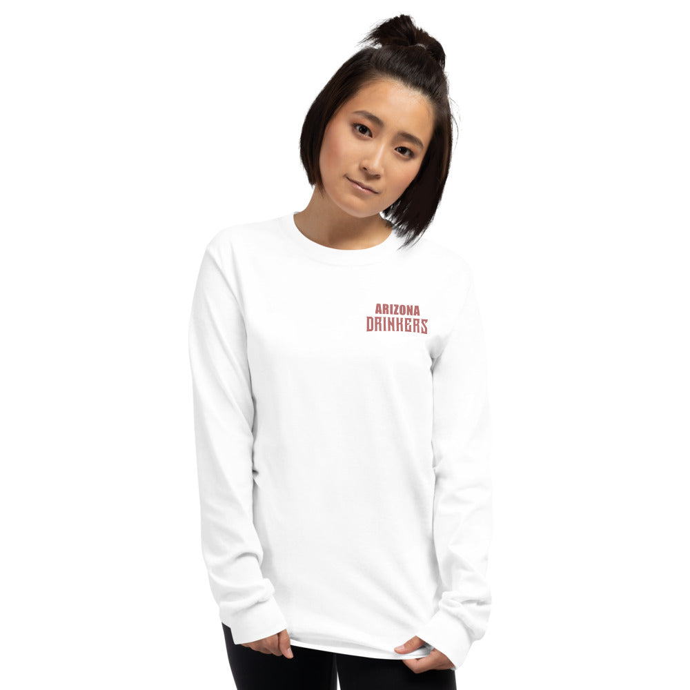 Women’s Long Sleeve Shirt with Arizona Text on Front and Arizona Drinkers Logo on Back