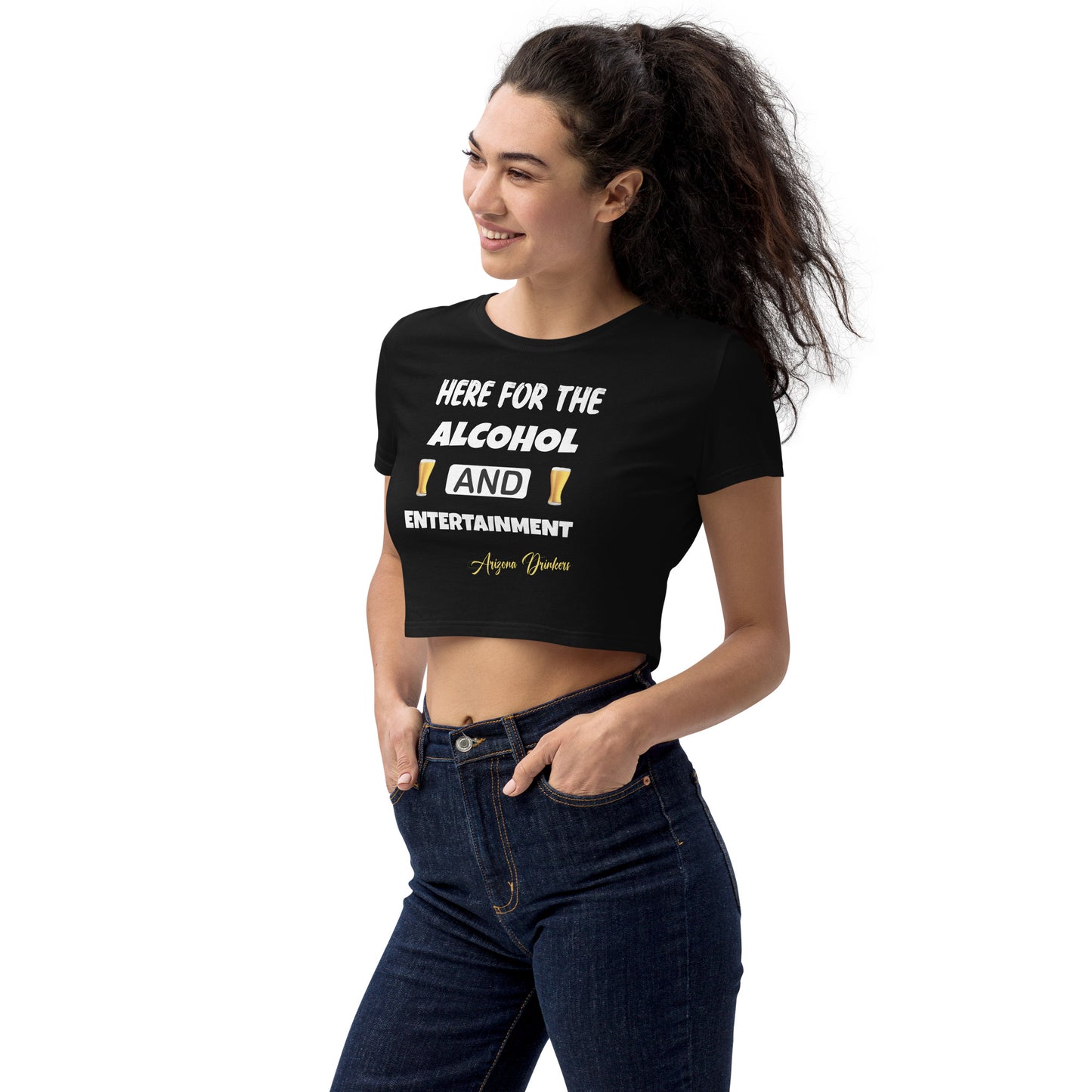 Organic Crop Top with Drinkers Text on front