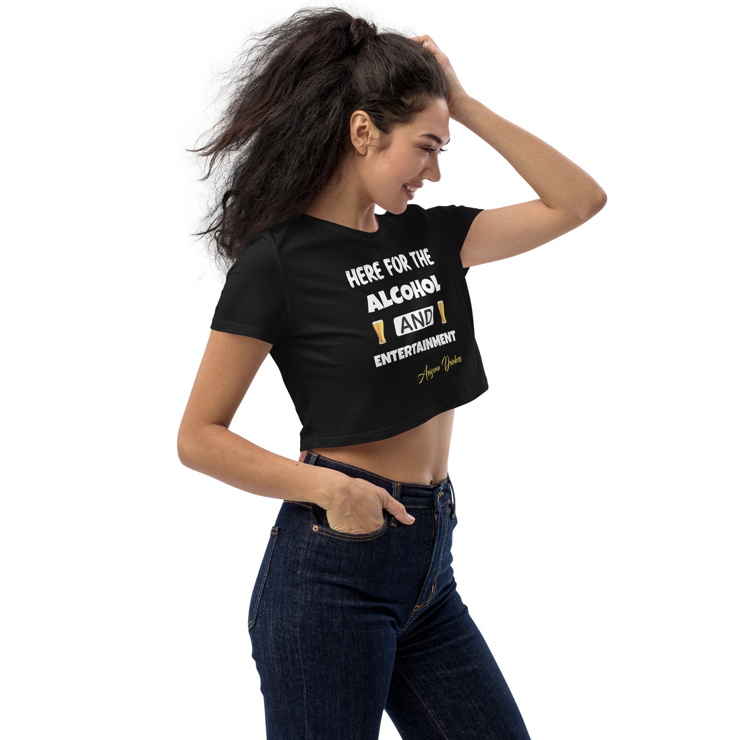 Organic Crop Top with Drinkers Text on front