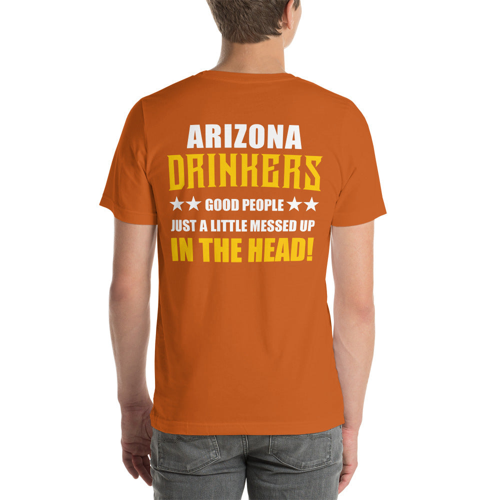 Short-Sleeve Unisex T-Shirt with Arizona Drinkers logo on left chest and Drinkers Text Back