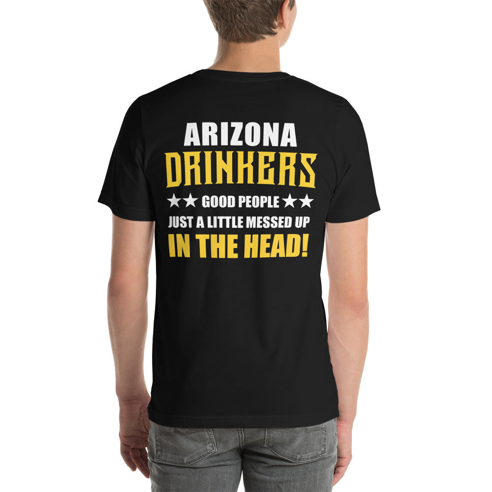 Short-Sleeve Unisex T-Shirt with Arizona Drinkers logo on left chest and Drinkers Text Back