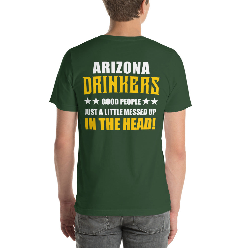 Short-Sleeve Unisex T-Shirt with Arizona Drinkers logo on left chest and Drinkers Text Back