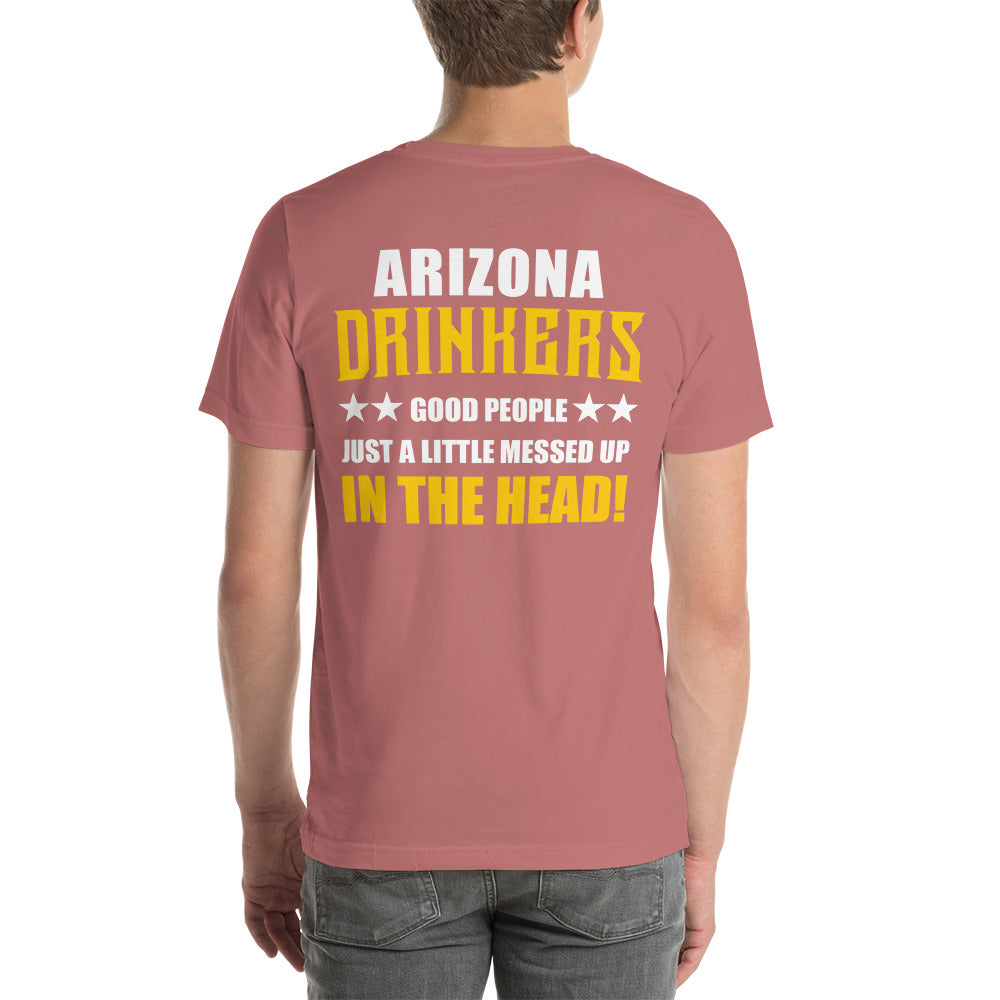 Short-Sleeve Unisex T-Shirt with Arizona Drinkers logo on left chest and Drinkers Text Back